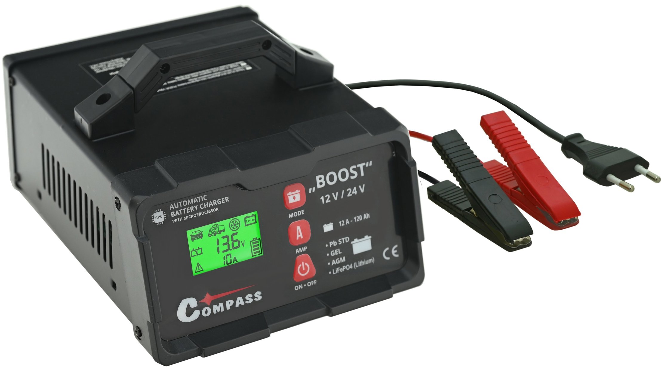 COMPASS BOOST 10A Mikroprocesszoros akkumulátortöltő, 12/ 24 V, PB/ GEL/ AGM/ LiFePO4