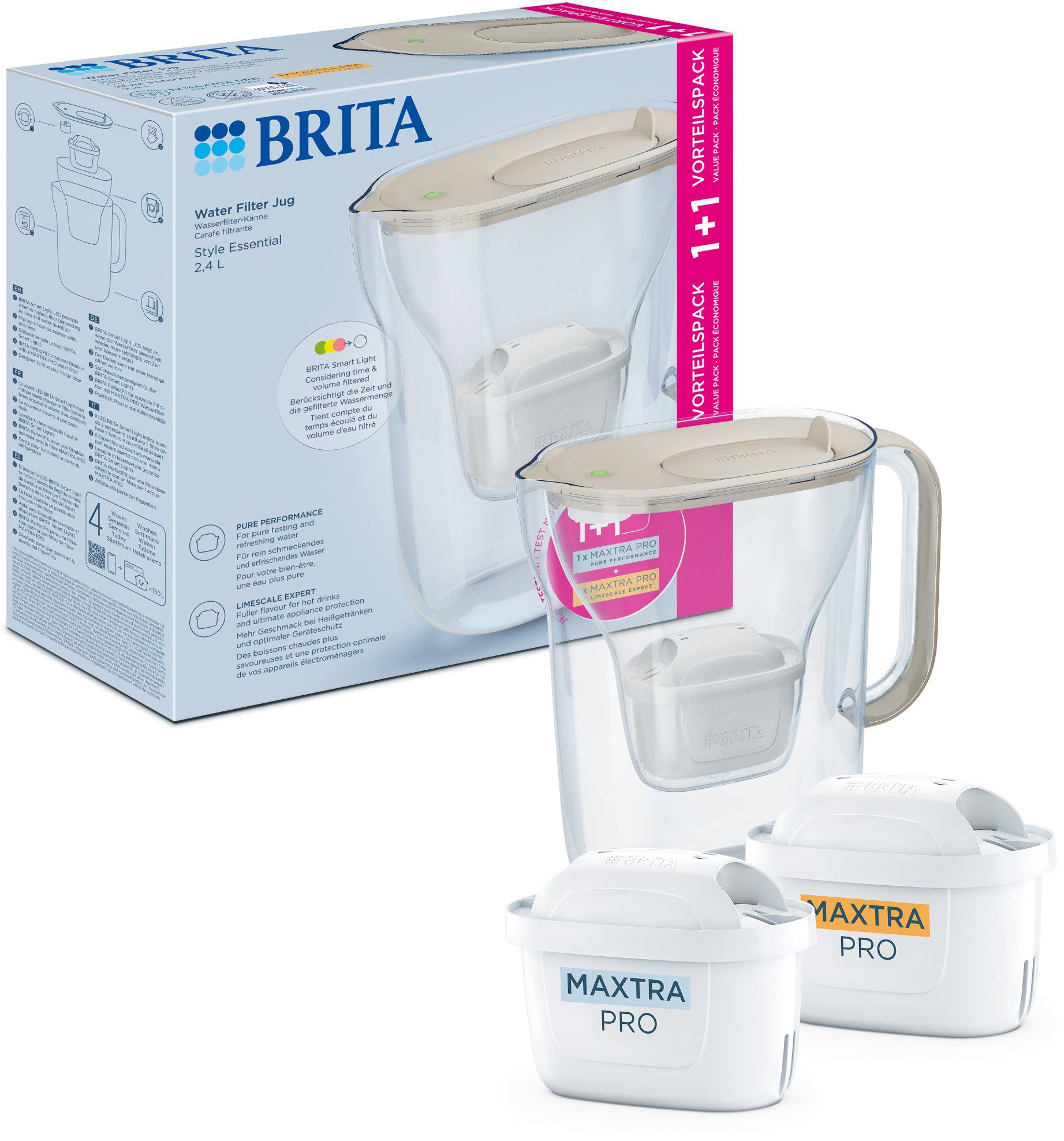 Brita Style Essential +2 Maxtra Pro szűrő (Hard Water és Pure Performance), homokszínű