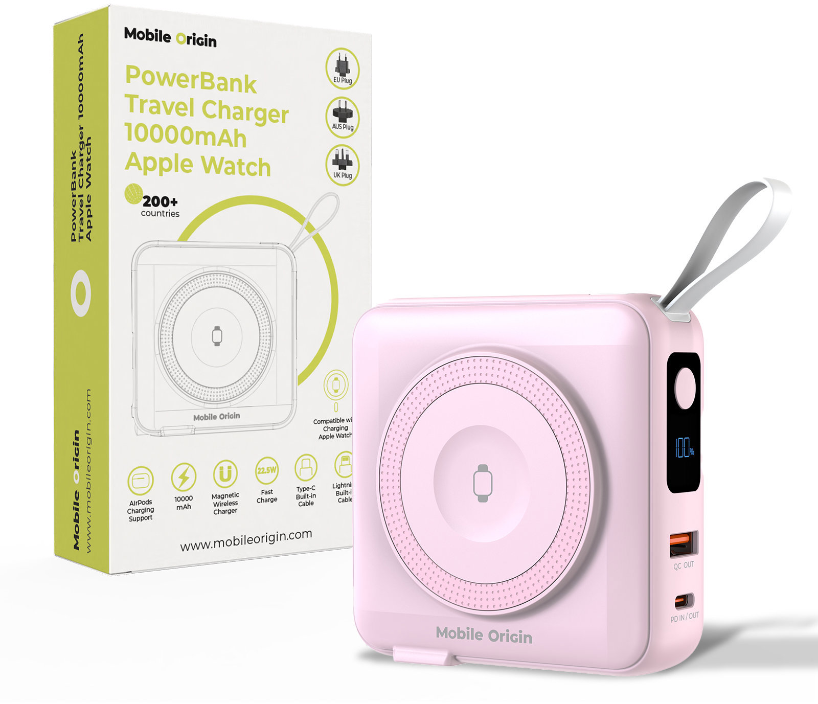 Mobile Origin Powerbank & Travel Charger Lightning/USB-C Cable MagSafe/AW/iPhone Compatible, Pink