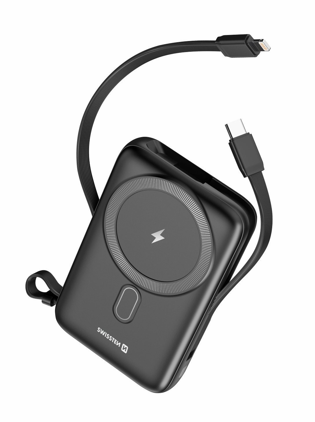 Swissten Power Bank 10000 mAh PD 20 W, beépített USB-C és Lightning kábelek, MagSafe kompatibilis
