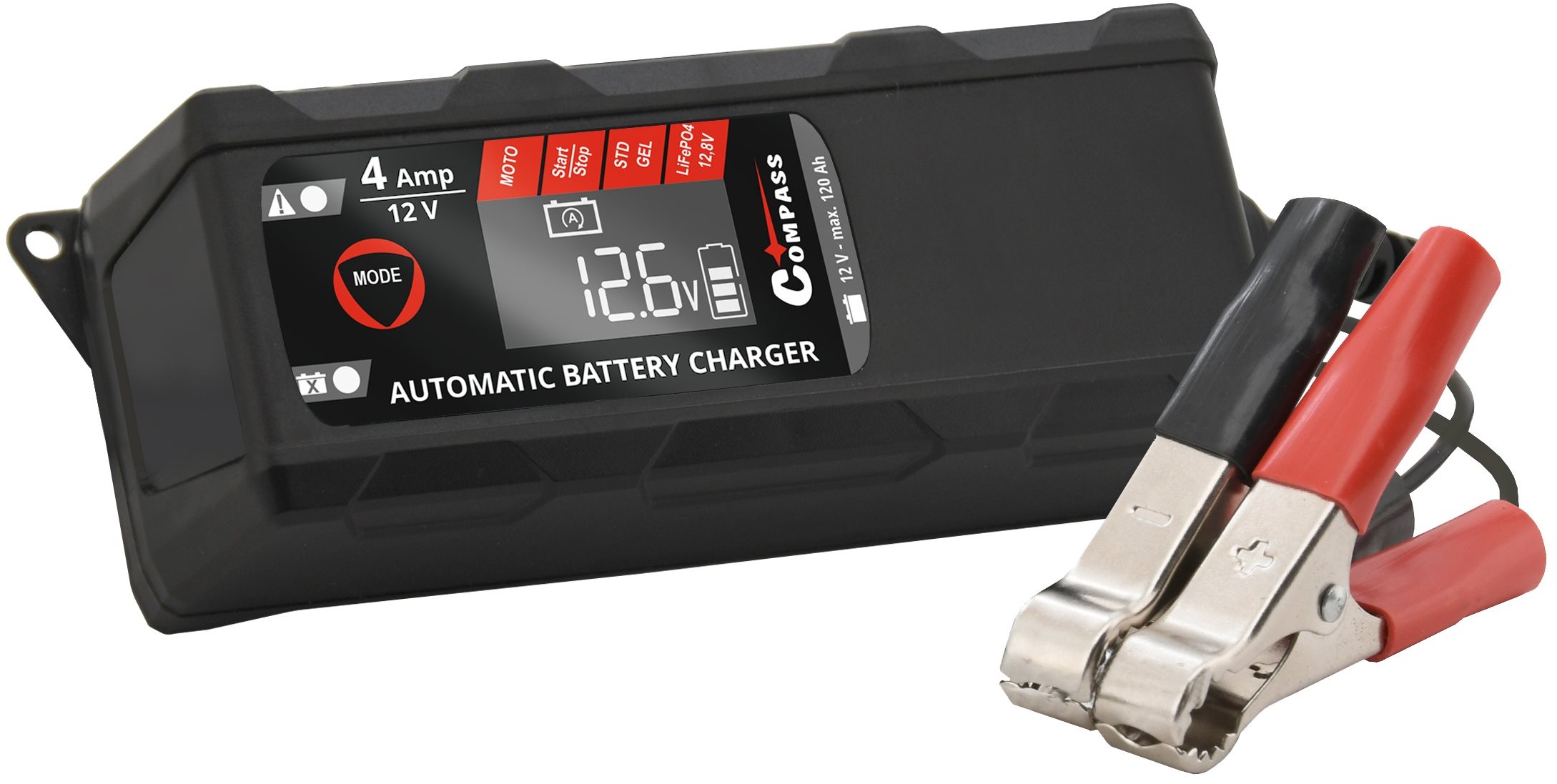 COMPASS Mikroprocesszoros töltő 4A 12V PB/GEL/AGM/LiFePO4 LCD kijelző